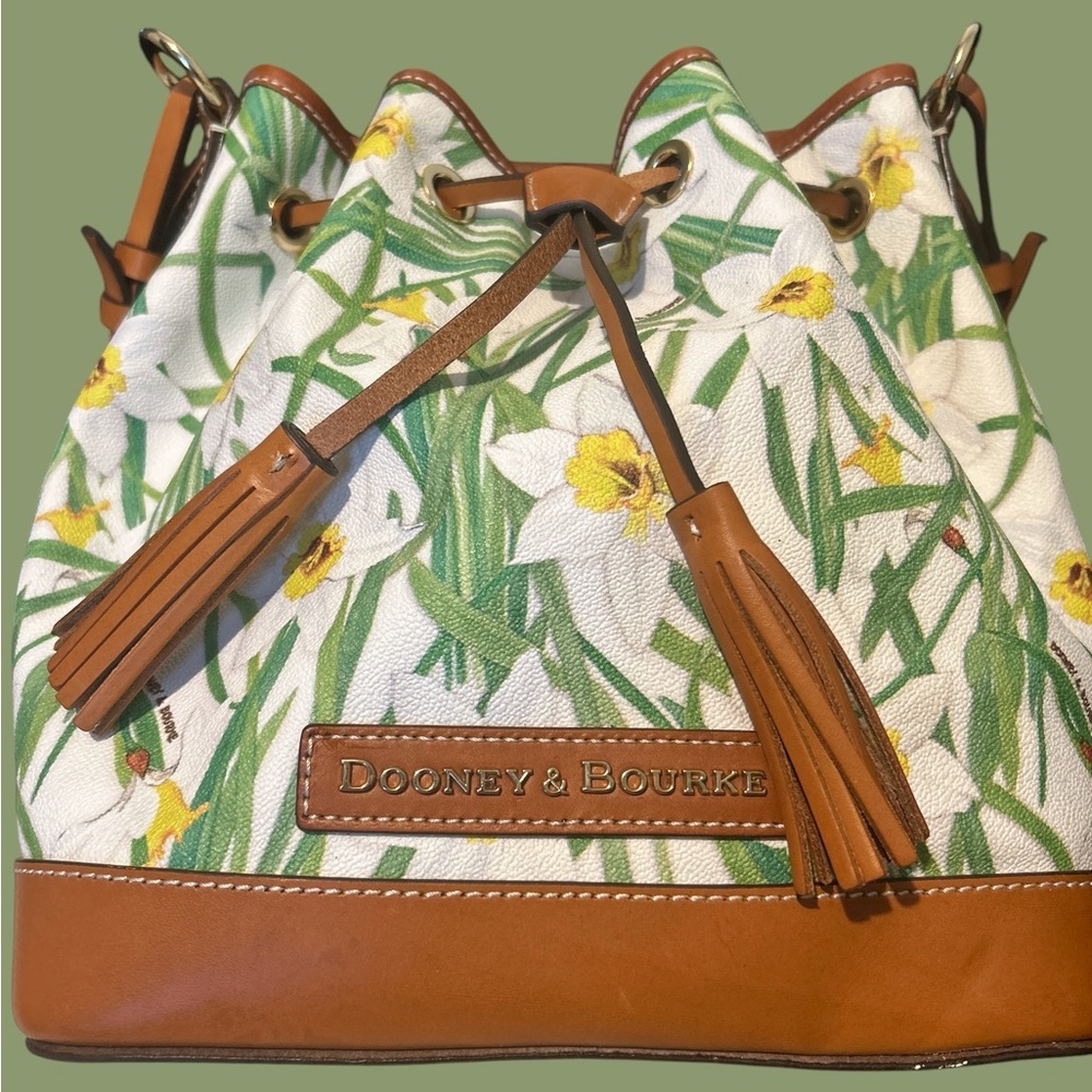 Dooney & Bourke Cream Floral Drawstring Bag with Tan Trim & daffodil design